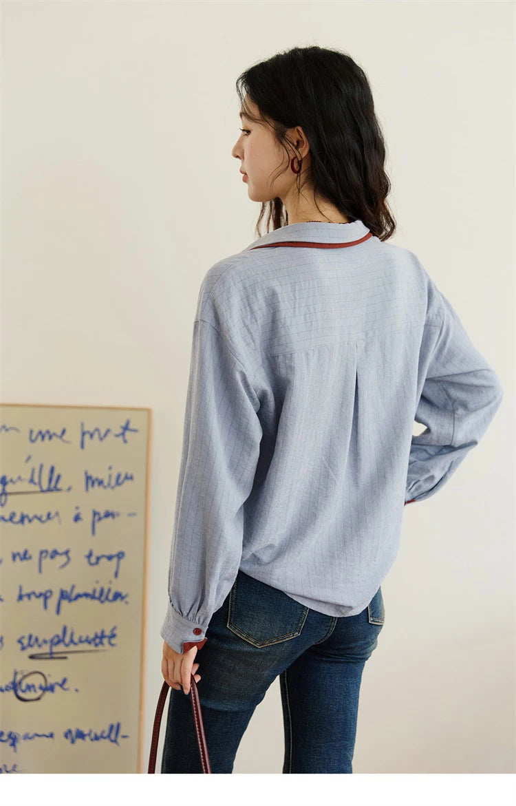 Women's Striped Shirt with Contrast Collar and Buttons