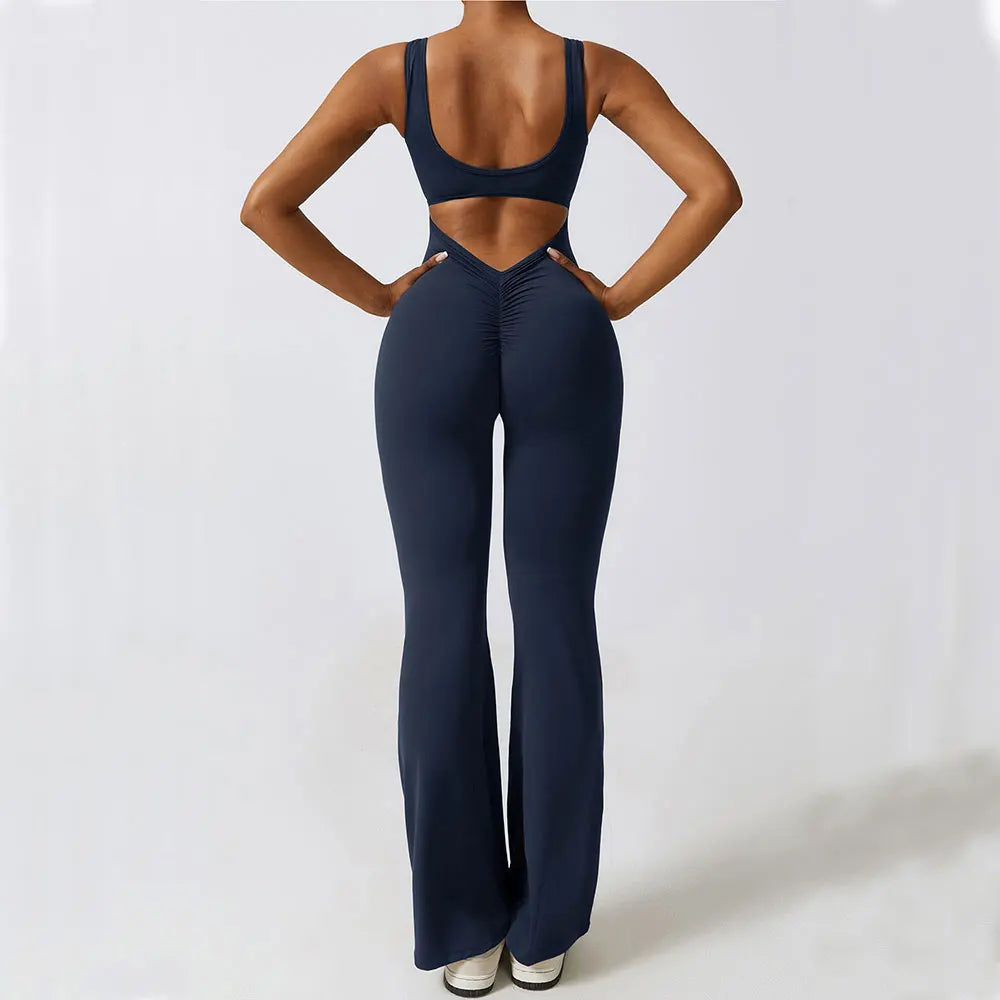 Women's Sleeveless Nylon Blend Flared Workout Jumpsuit with Back Cutout