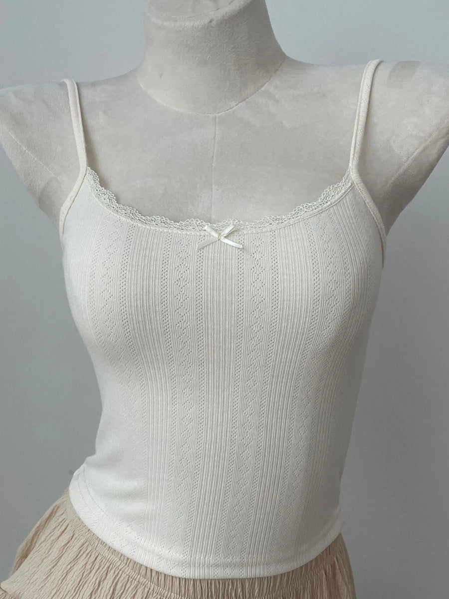 Women's Lace Trim Cotton Camisole with Bow Detail and Multiple Pattern Options