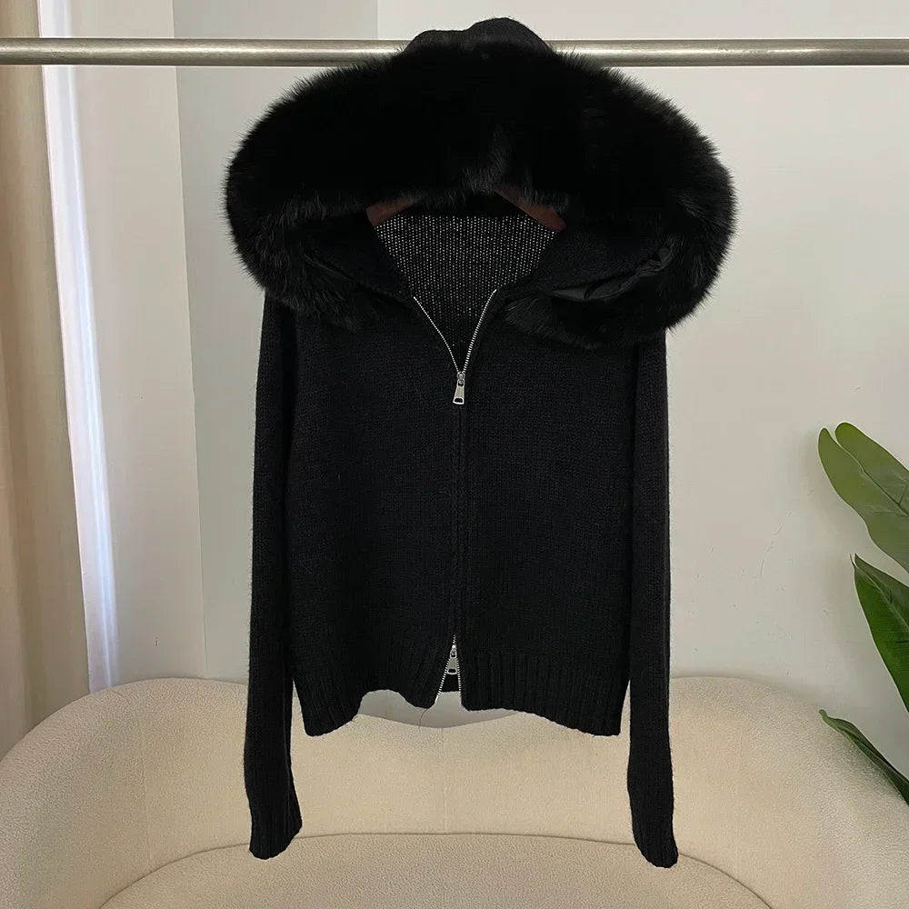 Women's Hooded Zip Front Fluffy Trim Jacket Casual Knit Layer