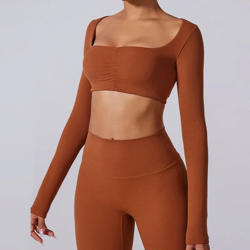 Women's Long-Sleeve Crop Top and Flared Pants Workout Set