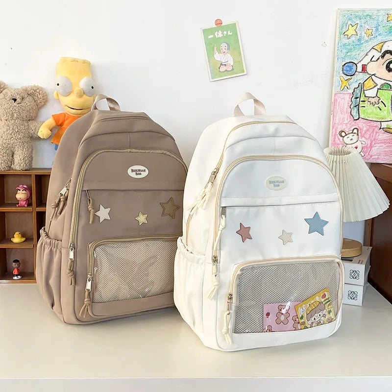 Star Detail Student Backpack with Transparent Front Pocket and Carry Handle
