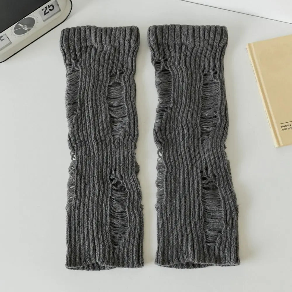 Distressed Ribbed Knit Leg Warmers with Ripped Pattern Details