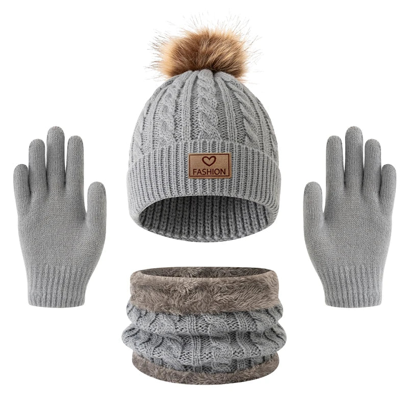 Children's Knitted Hat Neck Warmer and Gloves Set for Winter Wear