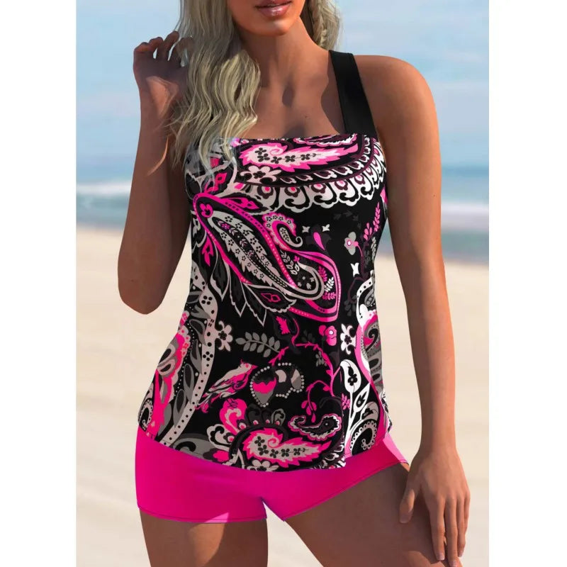 Women's Paisley Print Tankini Top and Contrasting Shorts Swim Set