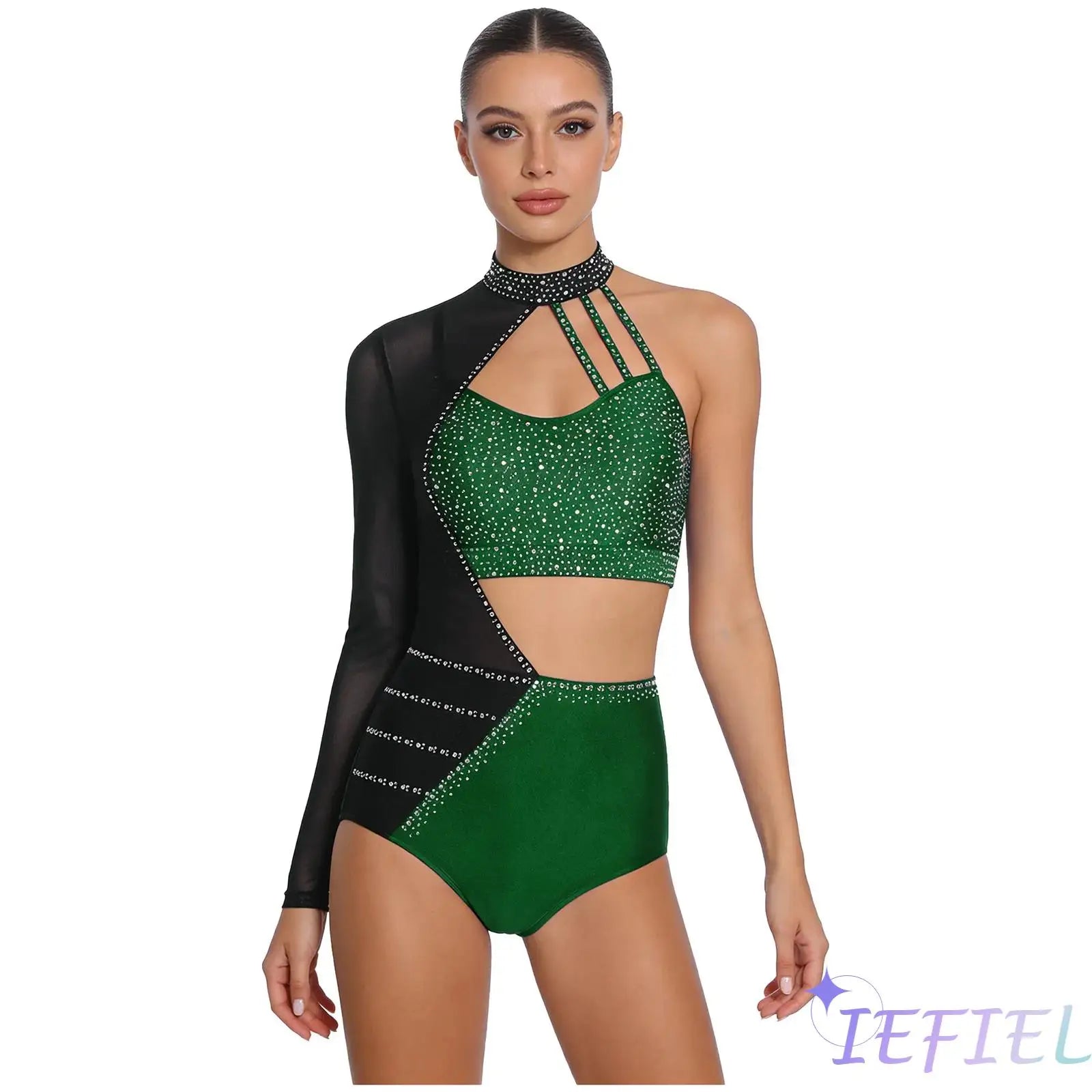 Women's Asymmetric Rhinestone Dance Bodysuit with Cutouts and Mesh Sleeve