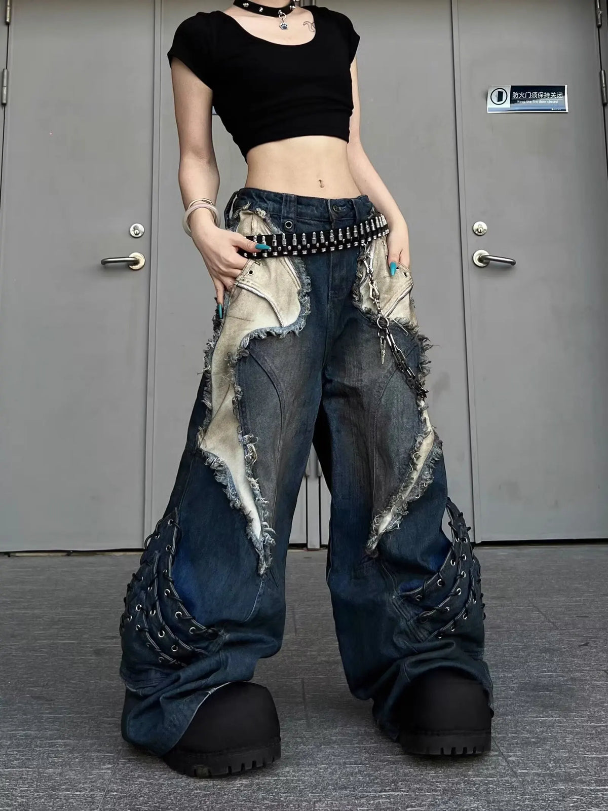 Women's Wide Leg Jeans with Distressed Patchwork and Washed Finish