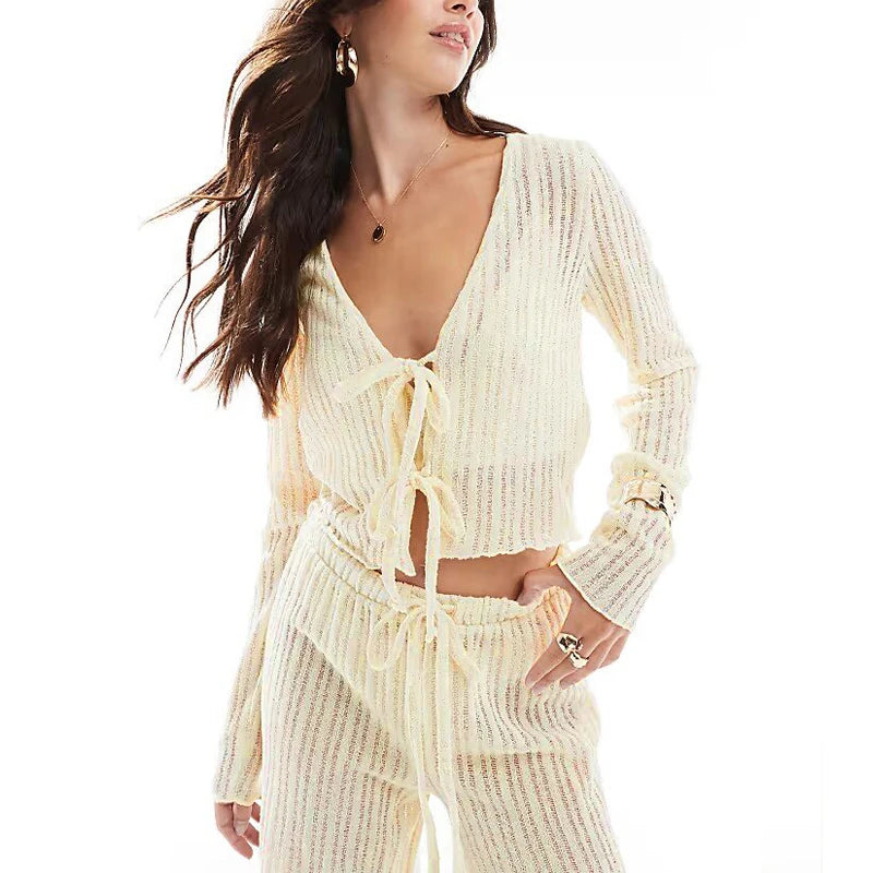 Women's Linen-Polyester Two-Piece Lounge Set with Long-Sleeve Button-Front Top and Elastic-Waist Pants