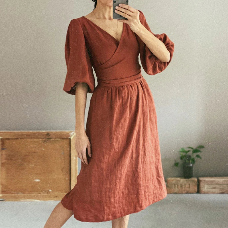 Women's Cotton-Linen V-Neck Puff-Sleeve A-Line Midi Dress with Waist Tie and Pockets
