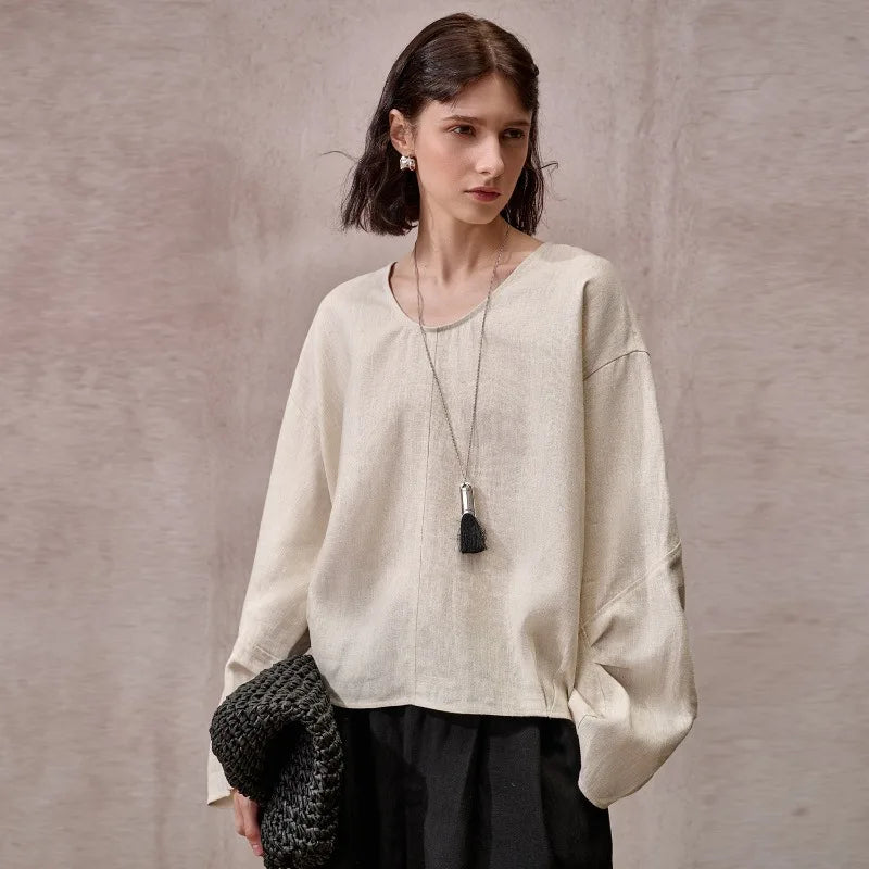 Women's Linen Long-Sleeve Pullover Blouse with Loose Silhouette for Casual Everyday Outfits