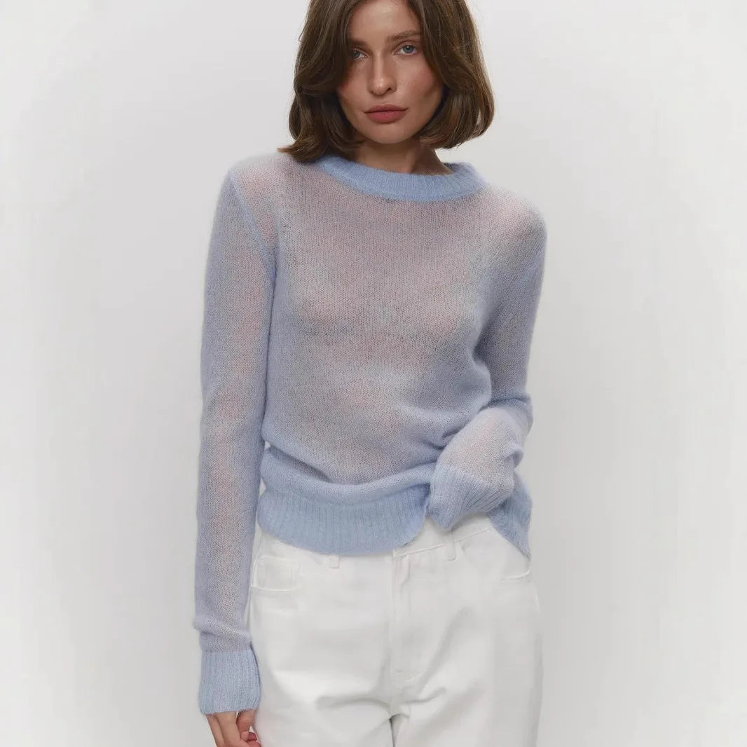 Women's Sheer Crew Neck Long Sleeve Sweater Casual Knit Layer