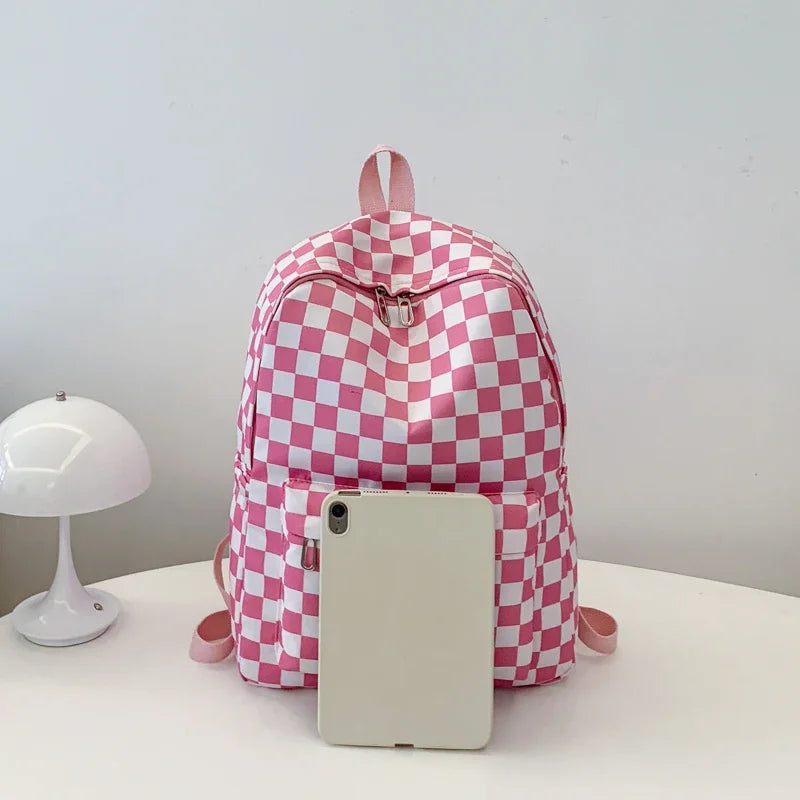 Women's Checkerboard Print Backpack with Front Pocket and Adjustable Shoulder Straps