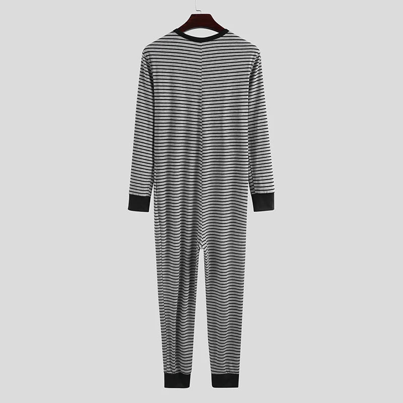 Men's Striped Button Front Long Sleeve Pajama Lounge Jumpsuit