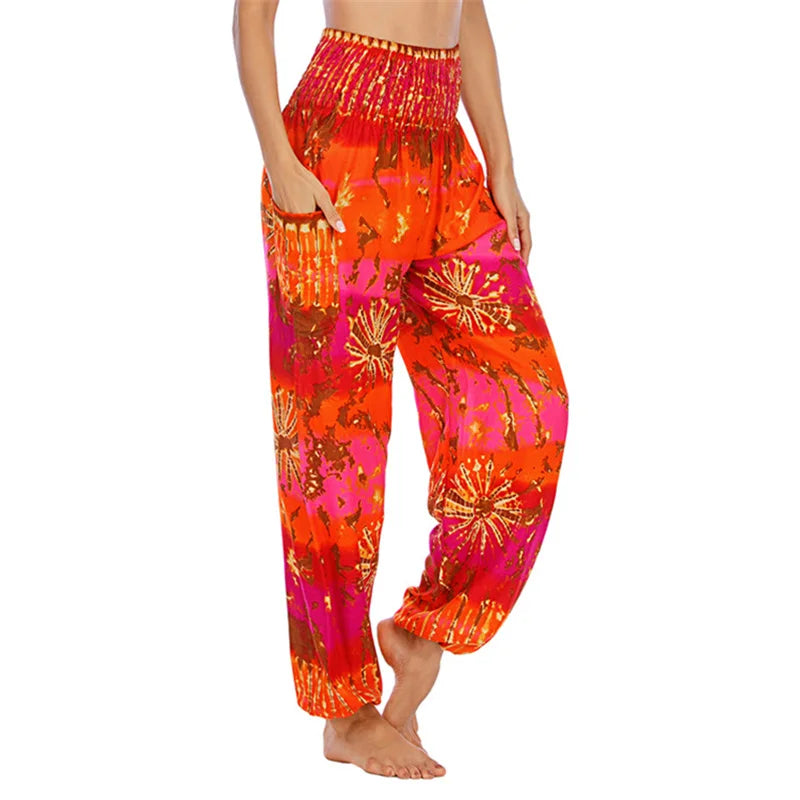 Women's Printed Rayon Harem Pants with High Waist and Gathered Ankles