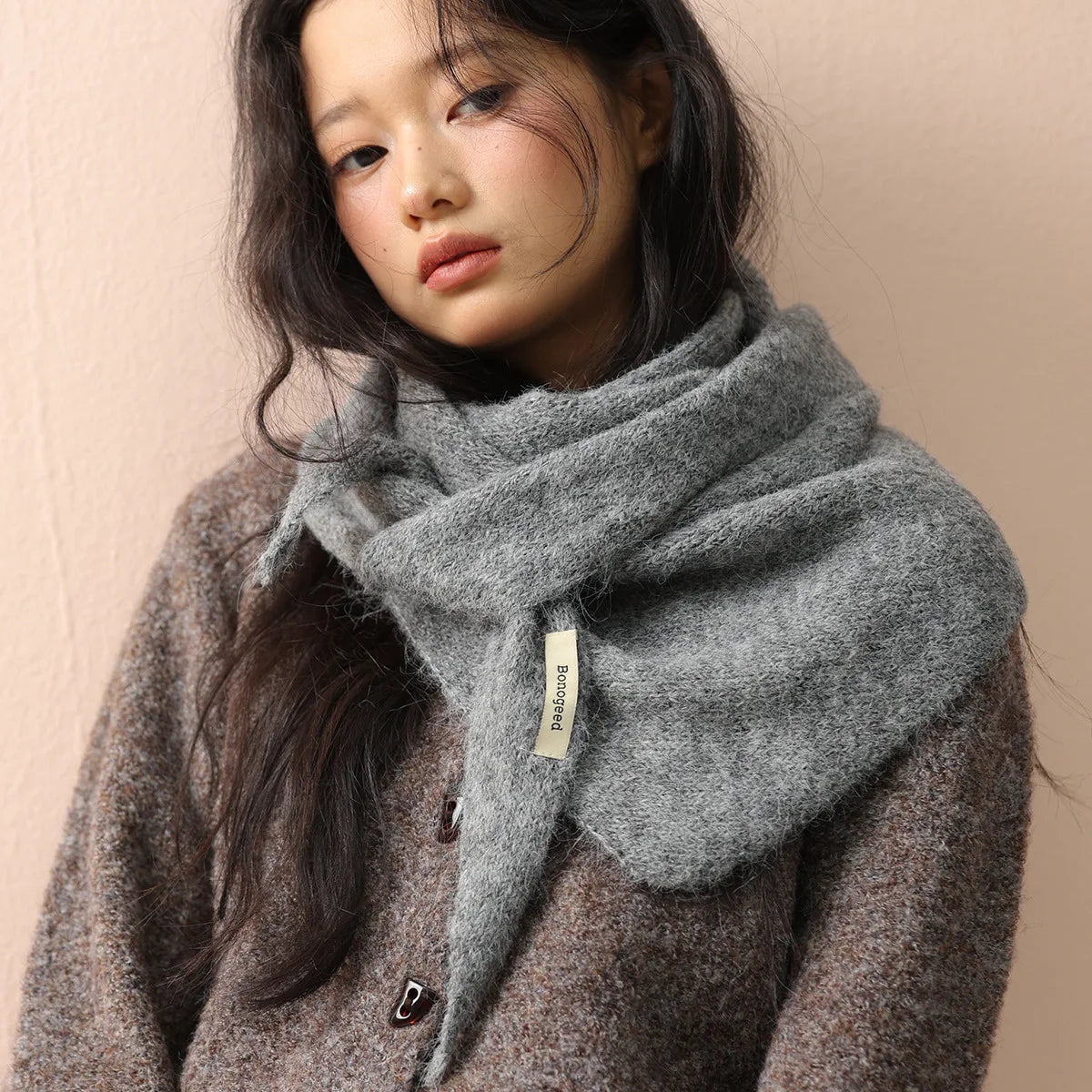 Solid Knitted Triangle Scarf with Long Pointed Ends