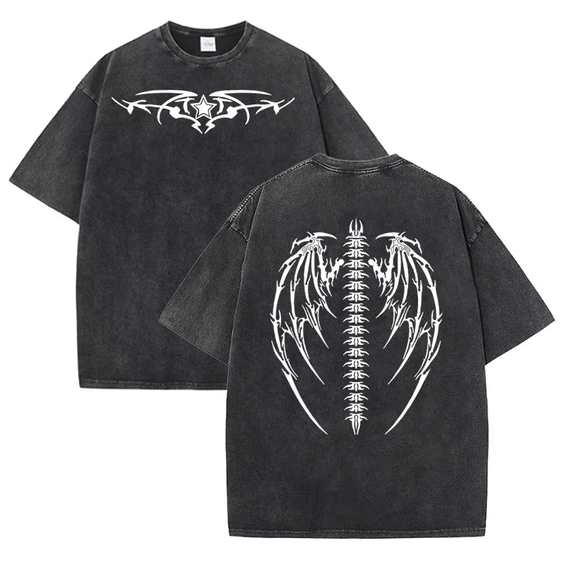 Gothic Tribal Wing Spine Print Vintage Washed Gray Y2K Casual Graphic T Shirt