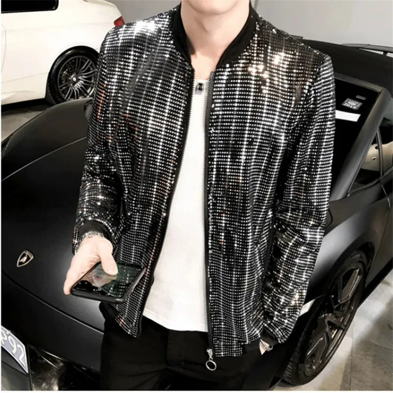 Metallic Finish Long Sleeve Front Zip Casual Bomber Jacket