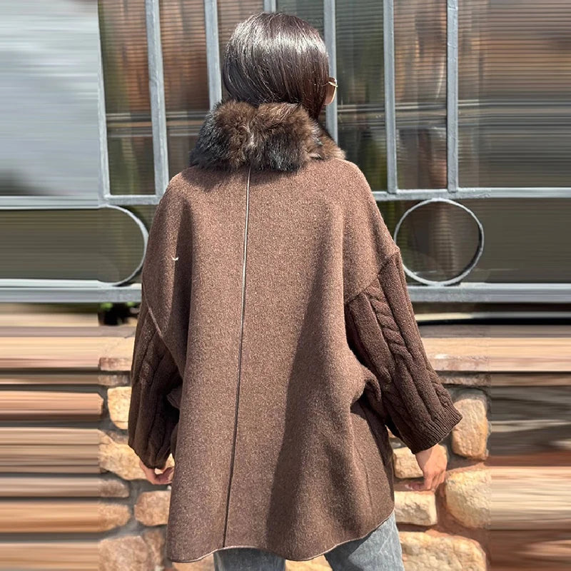 Cable Knit Plush Collar Poncho for Layering over Outfits