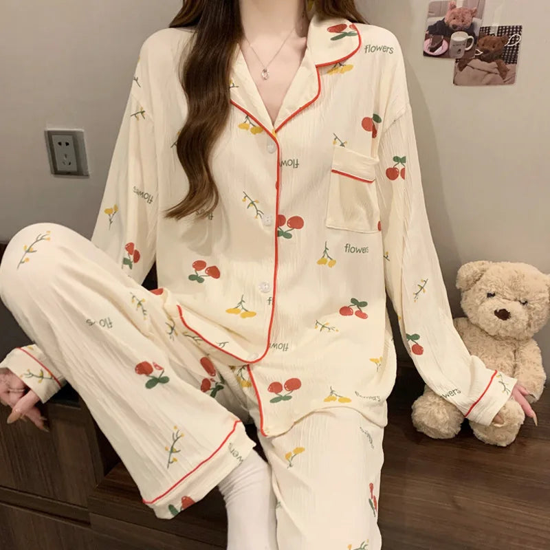 Women's Printed Button Front Long Sleeve Pajama Set with Top and Pants