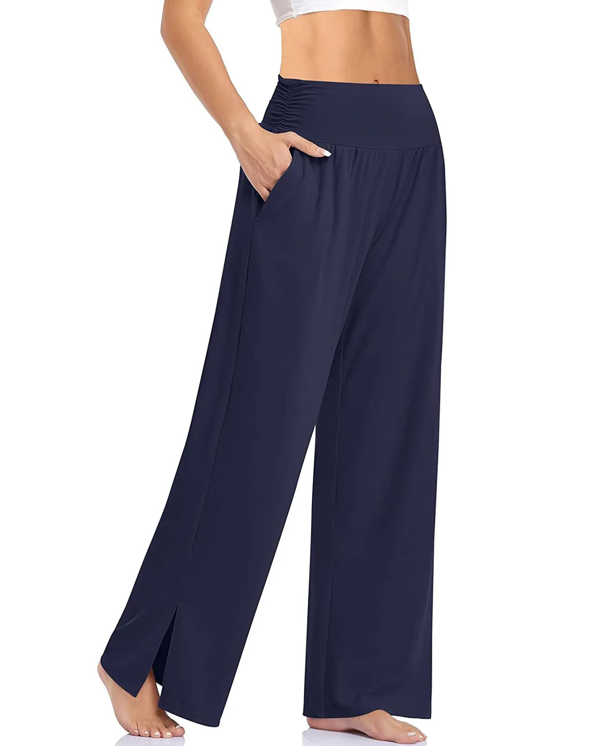 Women's High Waist Polyester Blend Wide Leg Pants with Ankle Slits