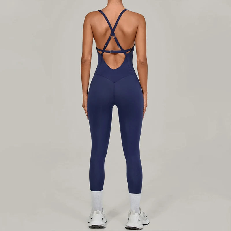 Women's Thin Strap Nylon Blend Workout Jumpsuit with Crisscross Back