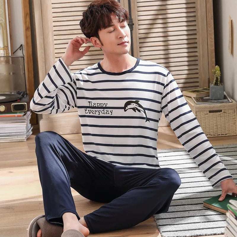 Men's Striped Graphic Long Sleeve Top and Pants Pajama Set