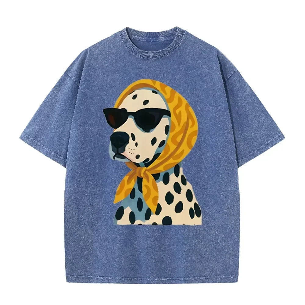 Distressed Vintage Washed Tee Stylish Cool Dalmatian Cartoon Animal Print Loose Fit Short Sleeve T Shirts