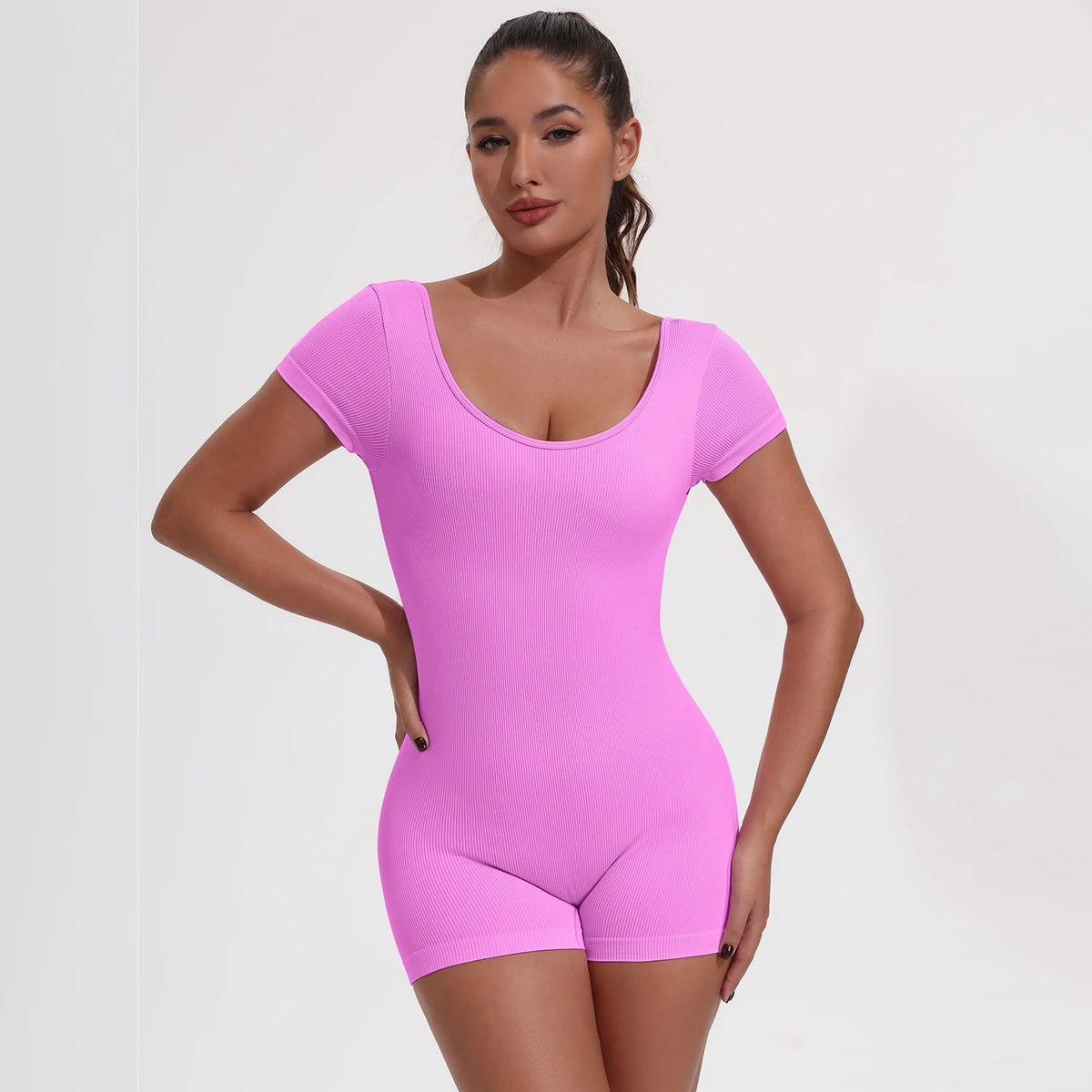 Women's Scoop Neck Nylon Blend Romper with Cap Sleeves and Open Back