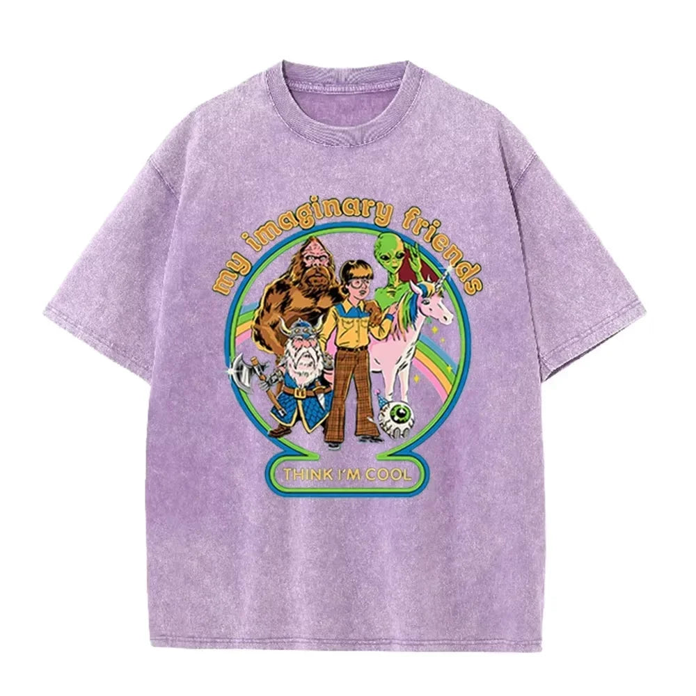 Brown Acid Wash Imaginary Friends Graphic Casual Retro Streetwear Tee