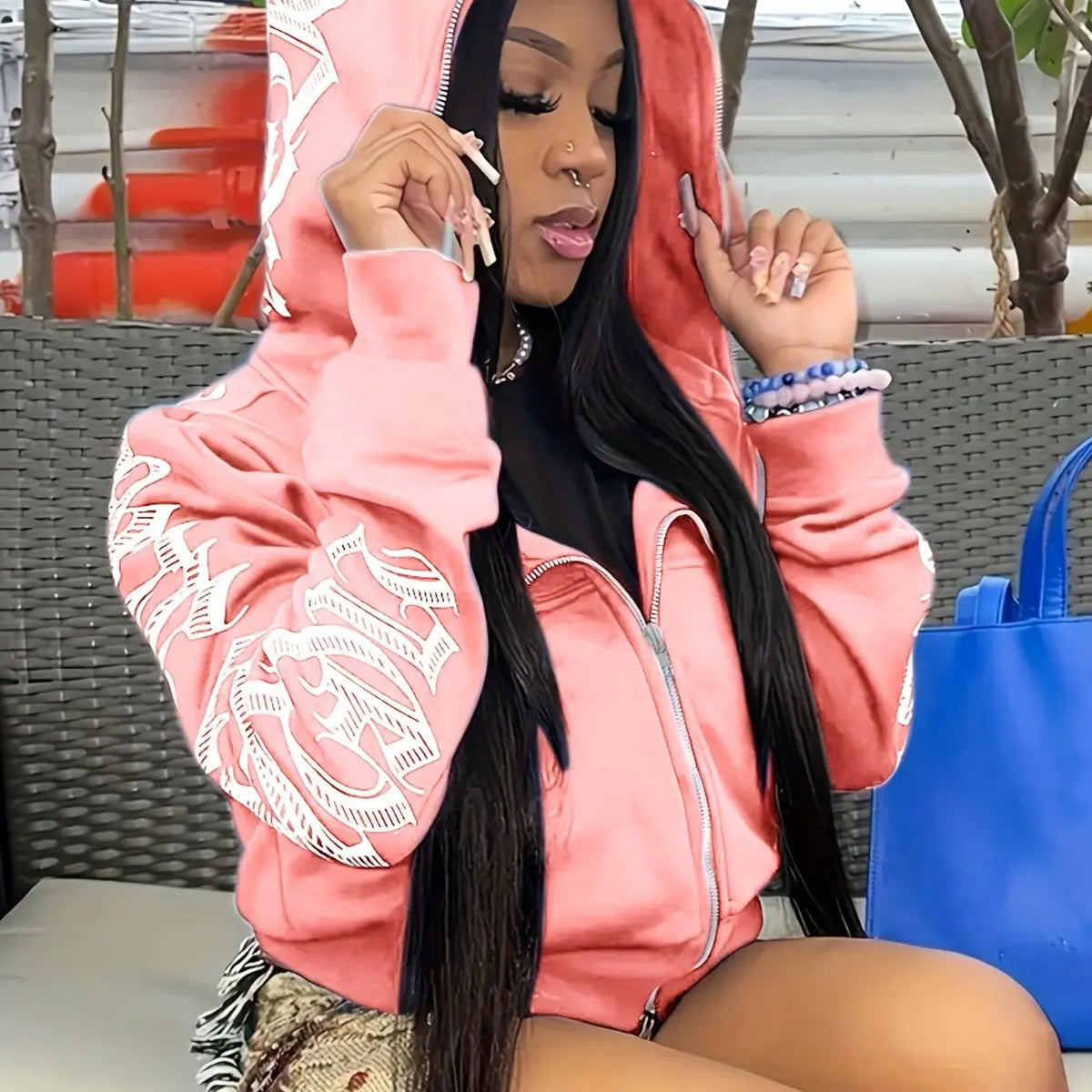 Letter Graphic Long Sleeve Full Zip Casual Hoodie