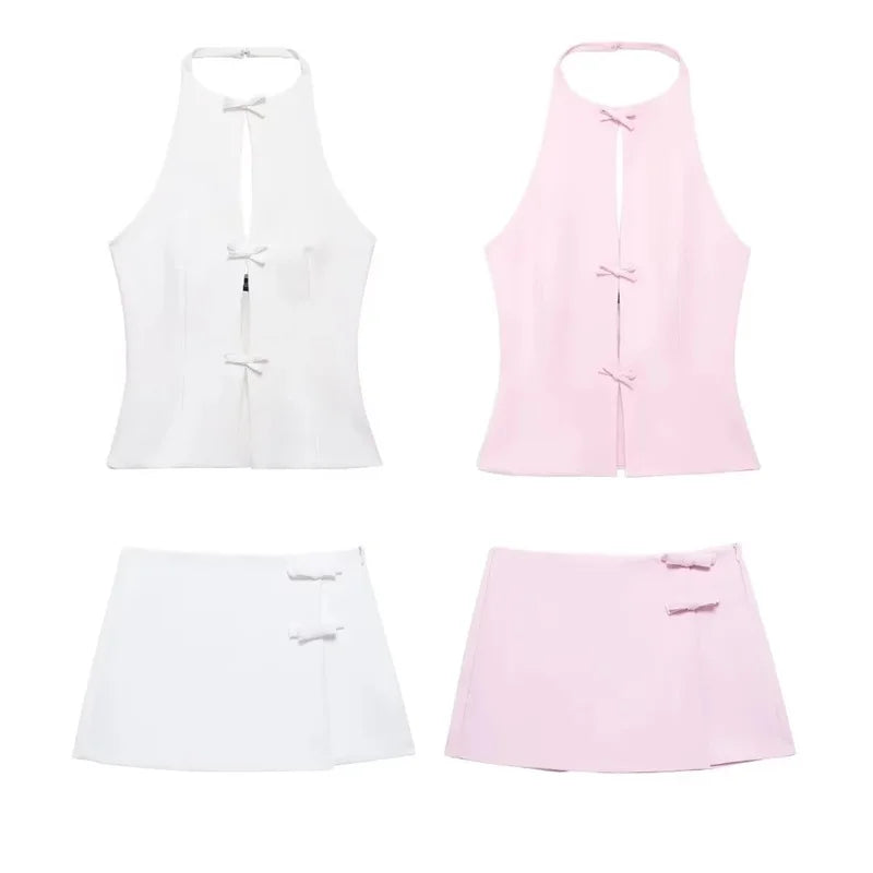 Women's Halter Polyester Crop Top or Matching Skirt with Bow Details