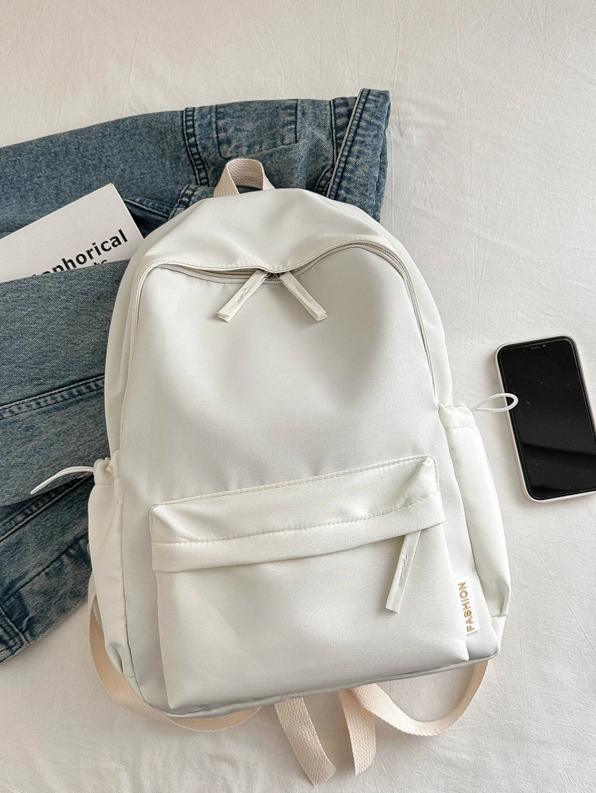 Solid Colour Student Backpack with Front Zipper Pocket and Top Handle