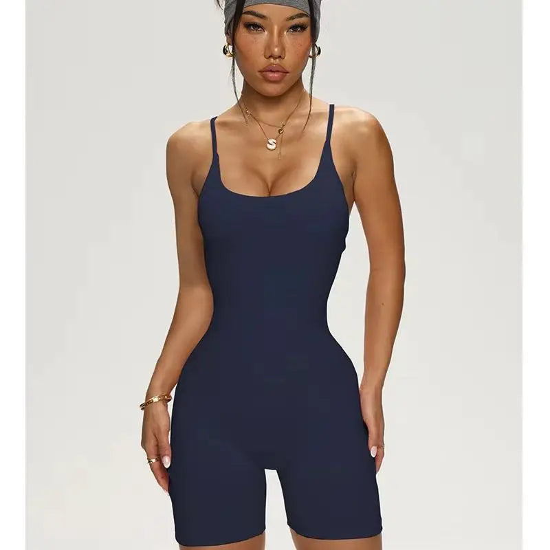 Women's Ribbed Nylon Blend Workout Romper with Lace Up Open Back