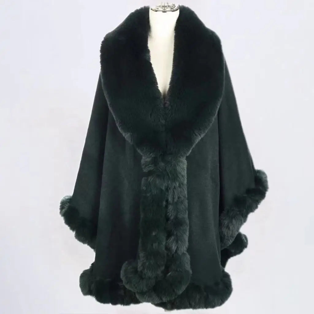 Plush Trim Hooded Poncho for Layering over Outfits