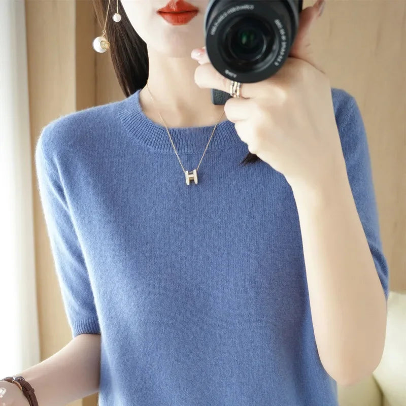 Women's Crew Neck Short Sleeve Sweater Casual Knit Layer