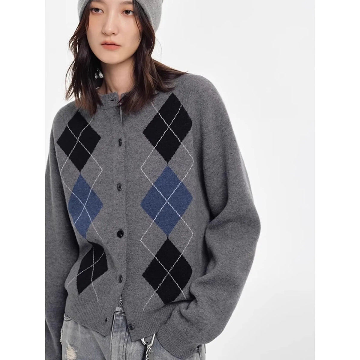 Autumn diamond-shaped cardigan women 100 pure cashmere sweater European high-end color-blocking knitted sweater coat
