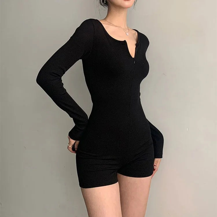 Women's Fitted Long Sleeve Polyester Romper with a V Neckline