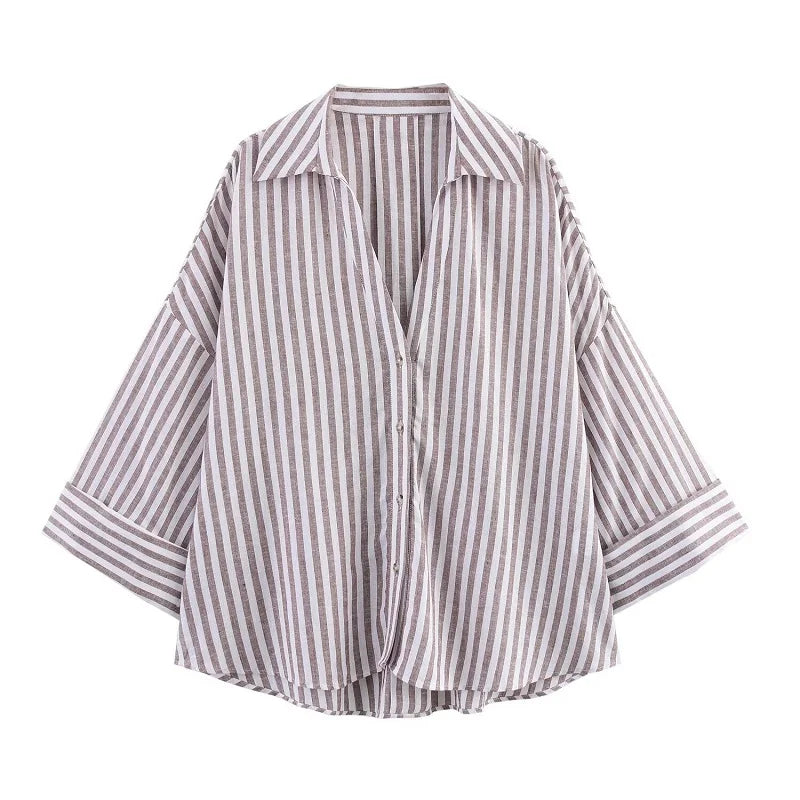 Women's Wide Sleeve Striped Button Front Shirt