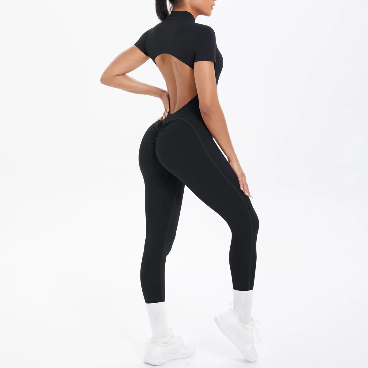 Women's Zip Front Nylon Blend Workout Jumpsuit with Open Back and Sleeve Options