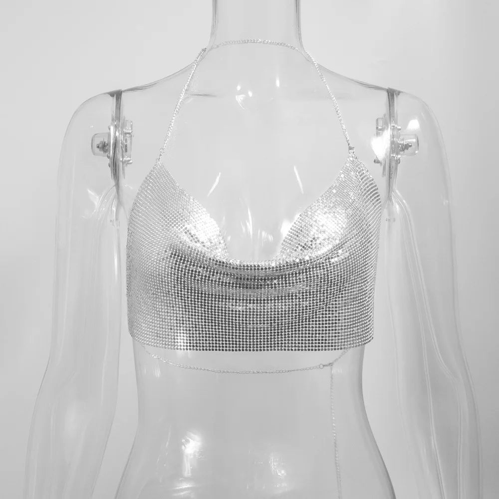 Women's Metallic Chain Mesh Halter Crop Top with Draped Neckline