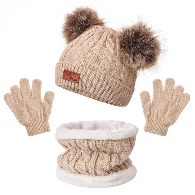 Children's Pom-Pom Knitted Beanie Hat Scarf and Gloves Winter Accessory Set