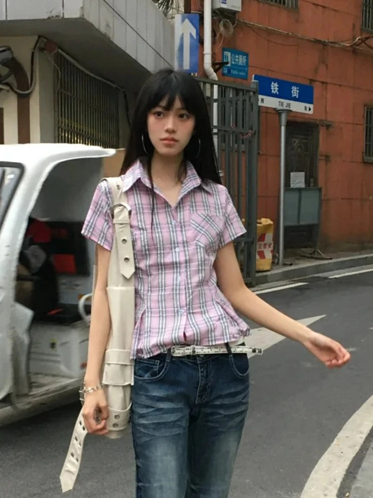 Women's Checked Collared Short Sleeve Shirt