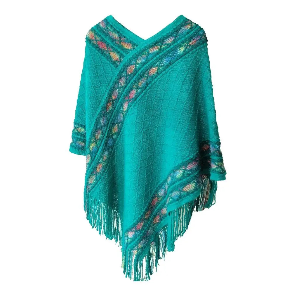 Patterned Fringe Hem Poncho for Layering over Outfits