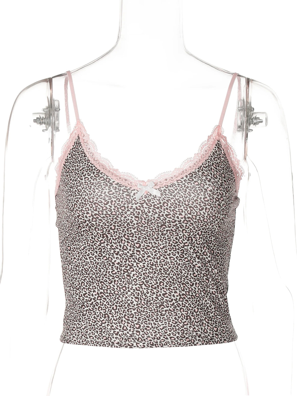 Women's Leopard Print Crop Top with Lace Trim and Bow Detailing