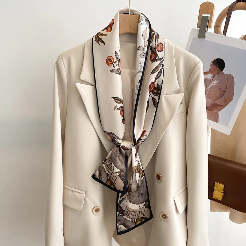 Printed Long Narrow Scarf with Decorative Ribbon Shape