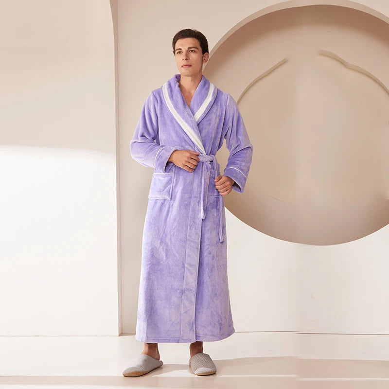Long Flannel Fleece Tie Waist Bathrobe with Pockets