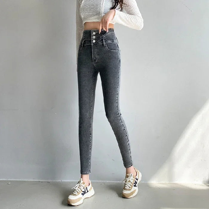 Women's Multiple Button Blue Flared Leg Denim Jeans