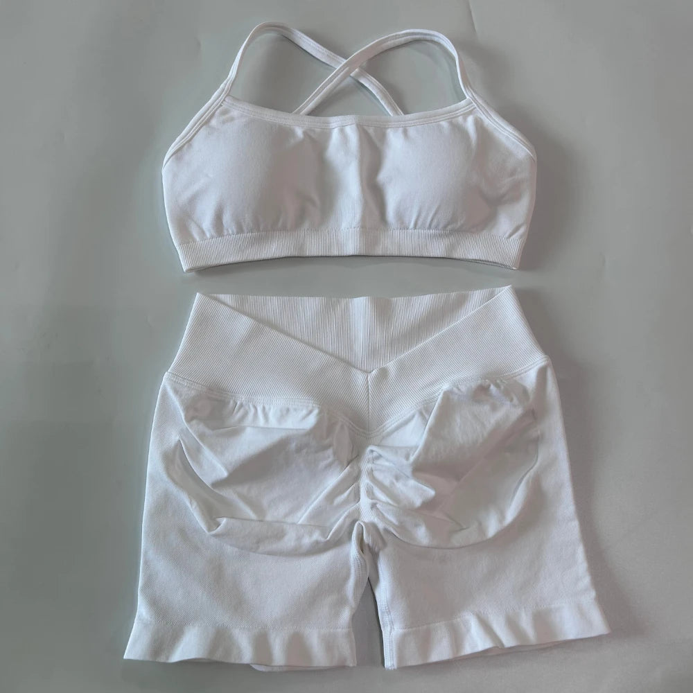 Women's Cross Strap Bra And Shorts Yoga Set