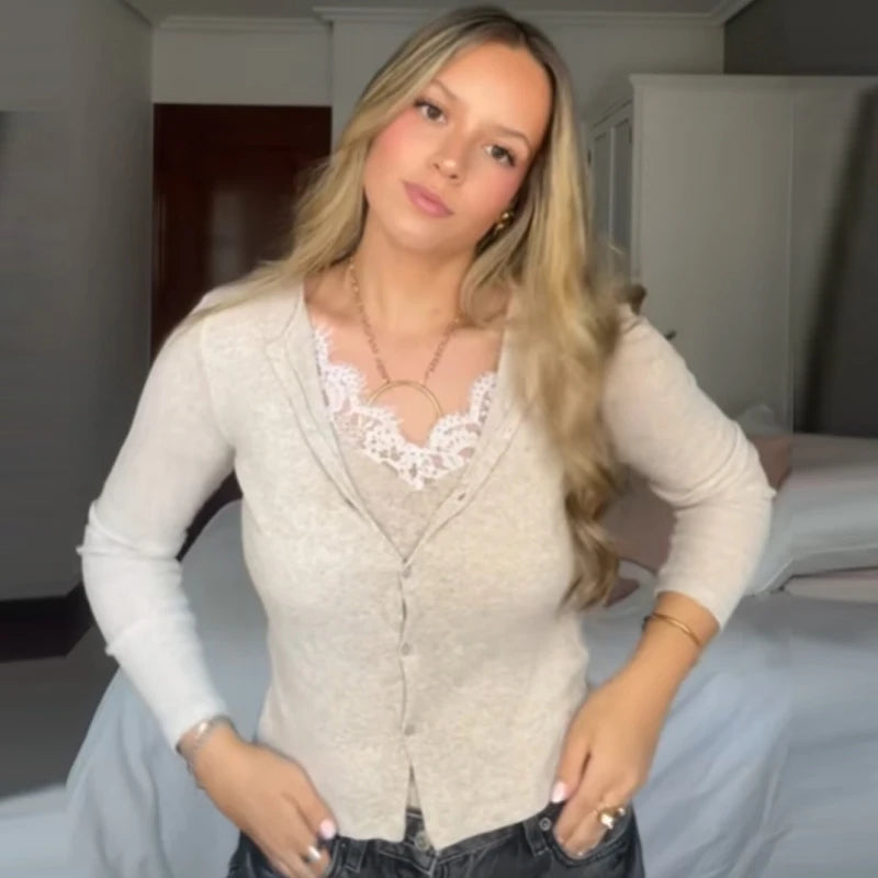 Women's Lace V Neck Button Front Cardigan Casual Knit Layer