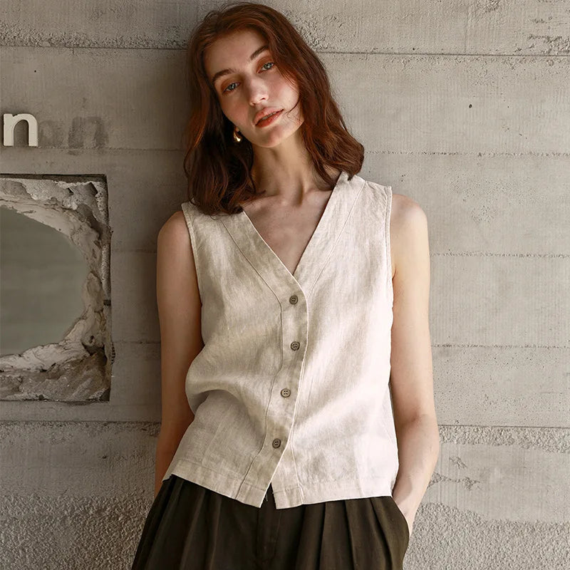 Women's Linen Sleeveless V-Neck Button-Front Vest Top for Casual Summer Everyday Outfits